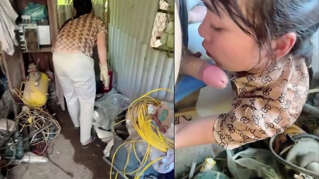 Thuê chị lao công dọn nhà kho mà nứng quá cởi quần đòi chị bú cu luôn trong kho